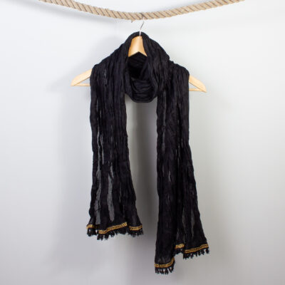 Indian Cotton Crinkle Scarf Black with Gold detail