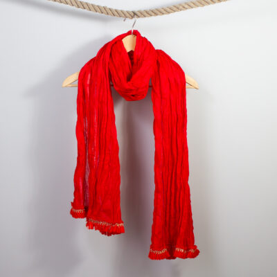 Indian Cotton Crinkle Scarf Red with Gold detail